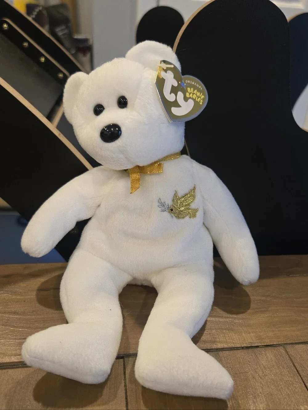Vintage Ty Beanie Baby White Plush Holy Father Bear with Gold Ribbon Y2k 2005